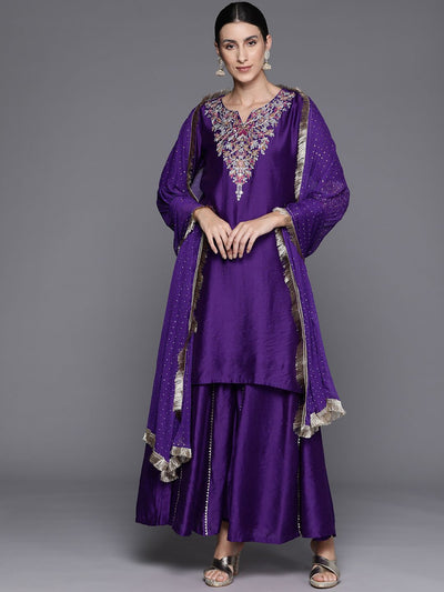 Indyancart VA Women'sFloral Thread Embroidered Sequinned Chanderi Silk Kurta & Palazzos With Dupatta