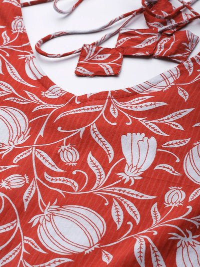 Indyancart VA Women's Red Ethnic Motifs Printed Pure Cotton Kurta with Trousers & Dupatta