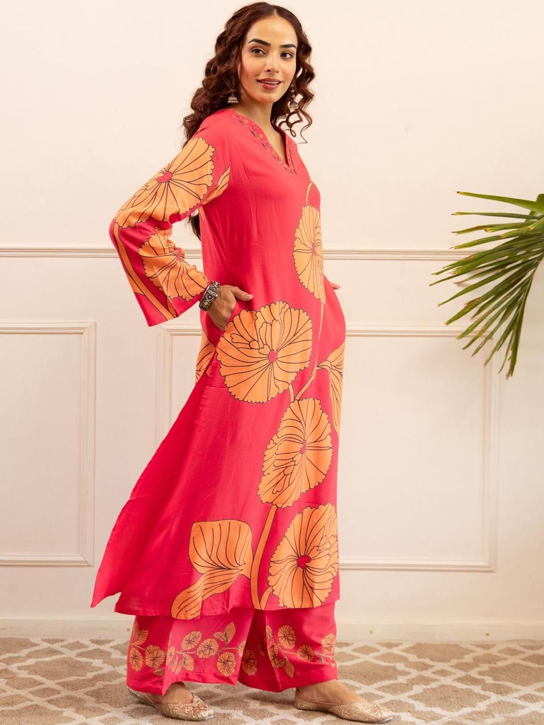Dhiyona IE Pink Printed V-Neck Long Sleeve Tunic With Trouser Co-Ords