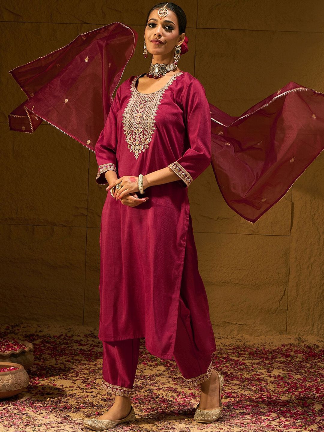 Maroon Ethnic Motifs Embroidered Straight Zari Kurta With Trousers & Dupatta