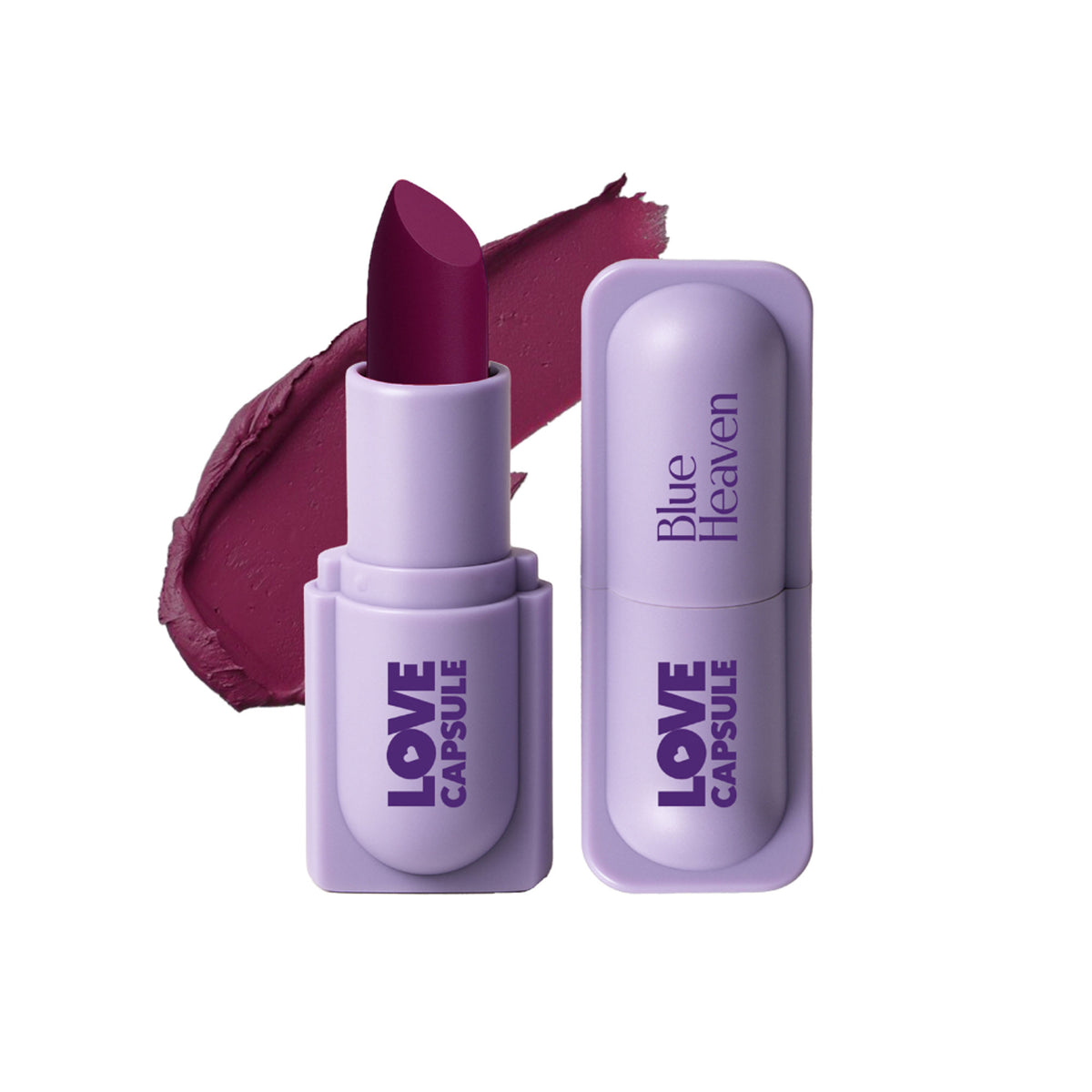 Blue Heaven Love Capsule Matte Lipstick in Mysterious Mauve, blue and mauve-toned lipstick tube with product branding visible.