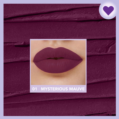 Blue Heaven Love Capsule Matte Lipstick in Mysterious Mauve, showing the lipstick tube and swatched color on skin.