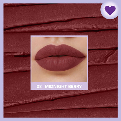 Blue Heaven Love Capsule Powder Matte Lipstick in Midnight Berry, showing the vibrant blue and rich berry shade.