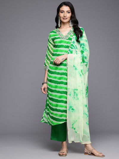 Indyancart VA Women'sLeheriya Printed Sequinned Kurta With Trousers & Dupatta
