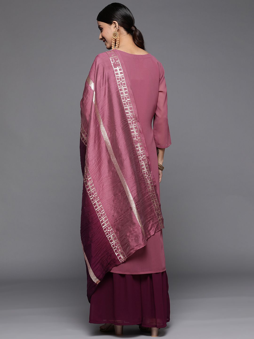 Indyancart VA Women's Embroidered Sequinned Kurta With Sharara & Dupatta