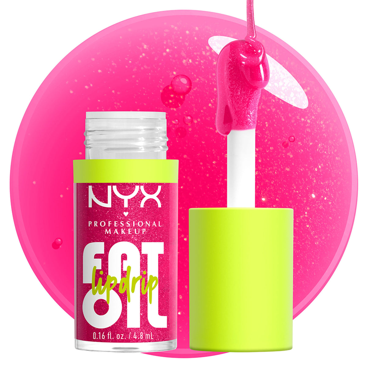 NYX Professional Makeup Fat Oil Lip Drip in Supermodel shade, featuring a glossy lip oil applicator with a vibrant color finish.
