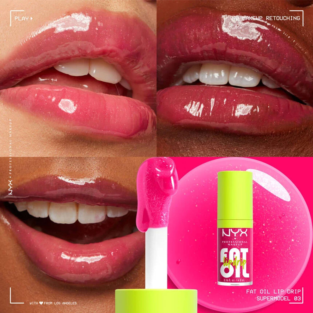NYX Professional Makeup Fat Oil Lip Drip Supermodel in clear gloss with a shiny finish, featuring a doe-foot applicator.