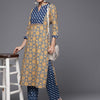 Dhiyona VA Women's Beige & Blue Printed Pure Cotton Kurta with Trousers