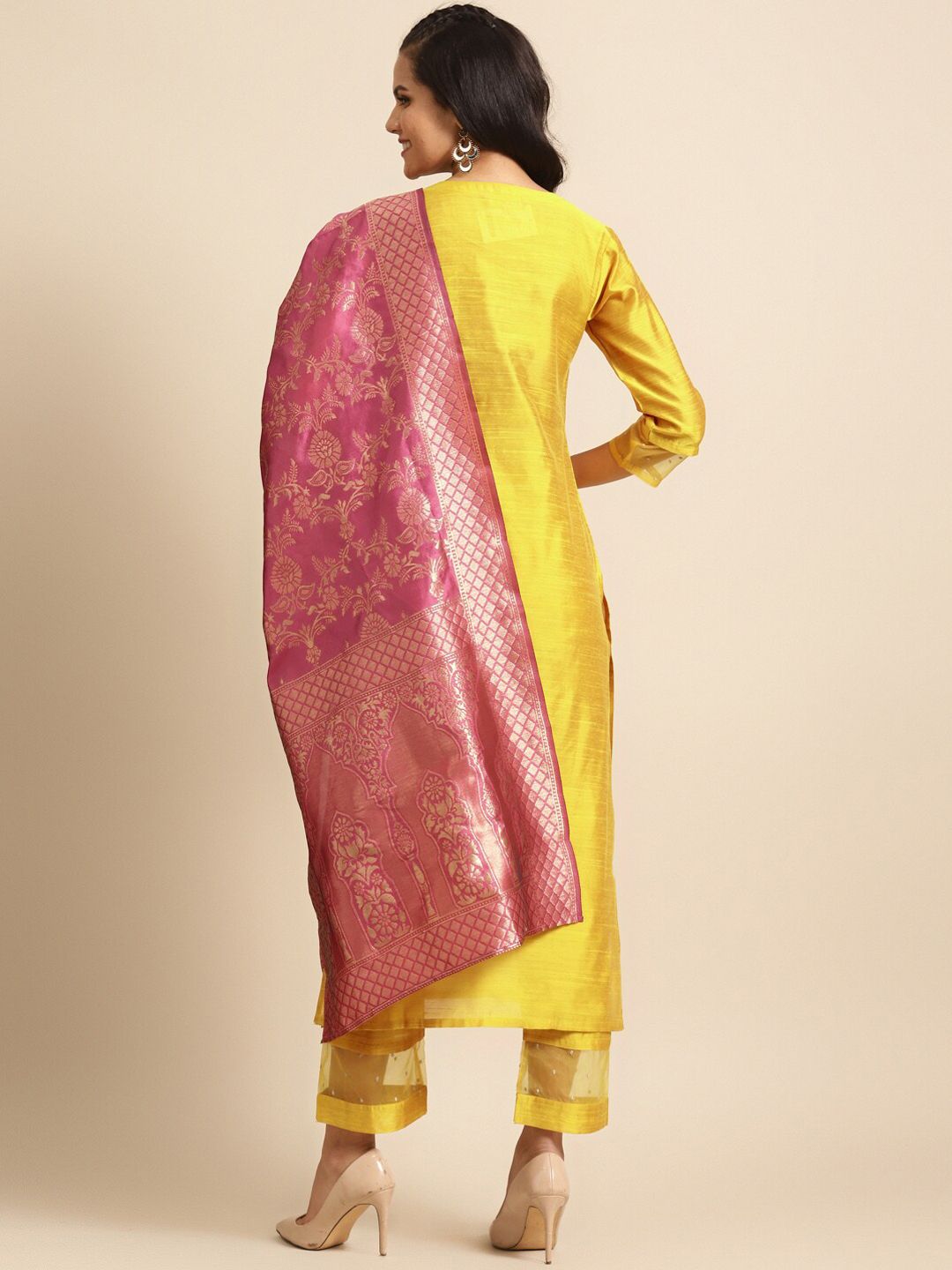 Indyancart VA Women's Mustard Yellow Embroidered Sequinned Kurta Set with Dupatta