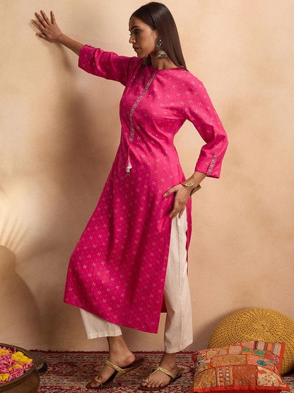 Indyancart IE Ethnic Motifs Printed Mirror Work Straight Kurta