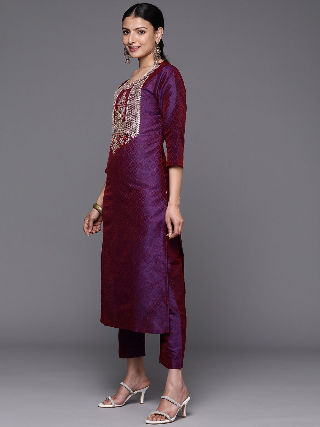 Indyancart VA Women'sFloral Embroidered Gotta Patti Kurta with Trousers & With Dupatta