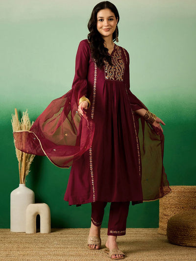 Indyancart SN Women's Maroon Floral Embroidered V-Neck Sequinned A-Line Kurta With Pant & Dupatta