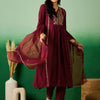 Dhiyona SN Women's Maroon Floral Embroidered V-Neck Sequinned A-Line Kurta With Pant & Dupatta