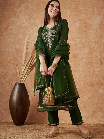 Indyancart SN Women's Floral Embroidered V-Neck Sequinned Straight Kurta With Trousers & Dupatta