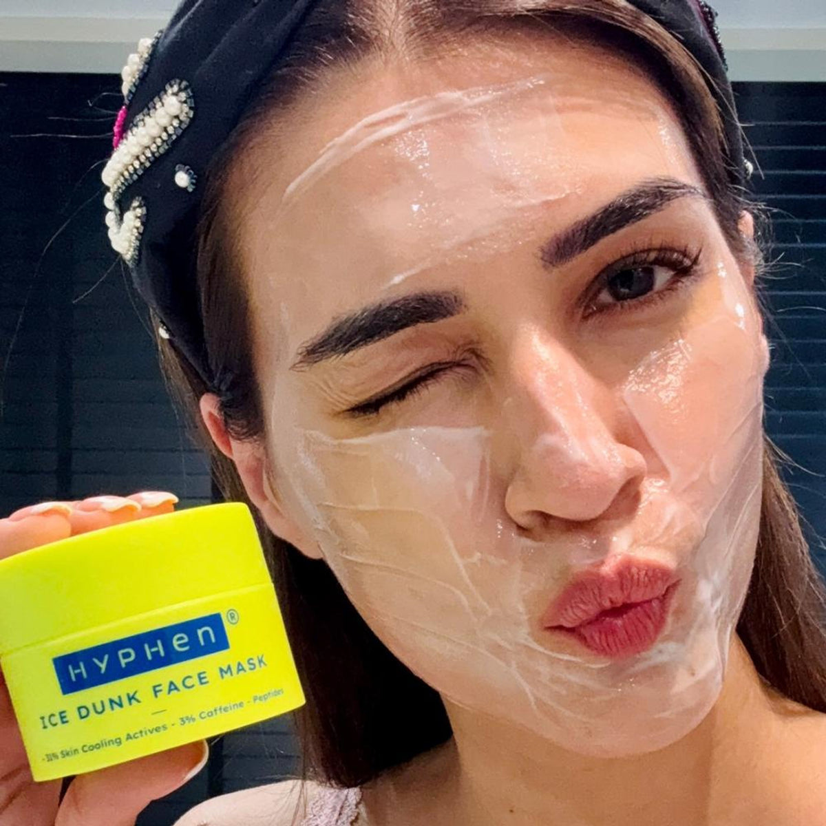 Hyphen Ice Dunk Cooling Face Mask with cooling actives and caffeine, designed to instantly reduce puffiness and refresh skin.