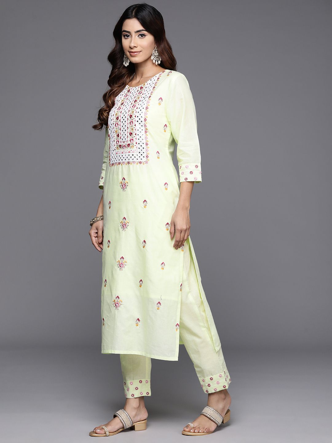Indyancart VA Women's Floral Embroidered Regular Mirror Work Pure Cotton Kurta with Trousers & With Dupatta