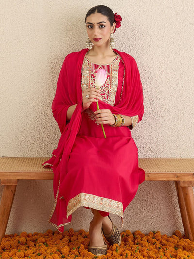 Indyancart IE Women Ethnic Motifs Embroidered Regular Kurta with Trousers & Dupatta