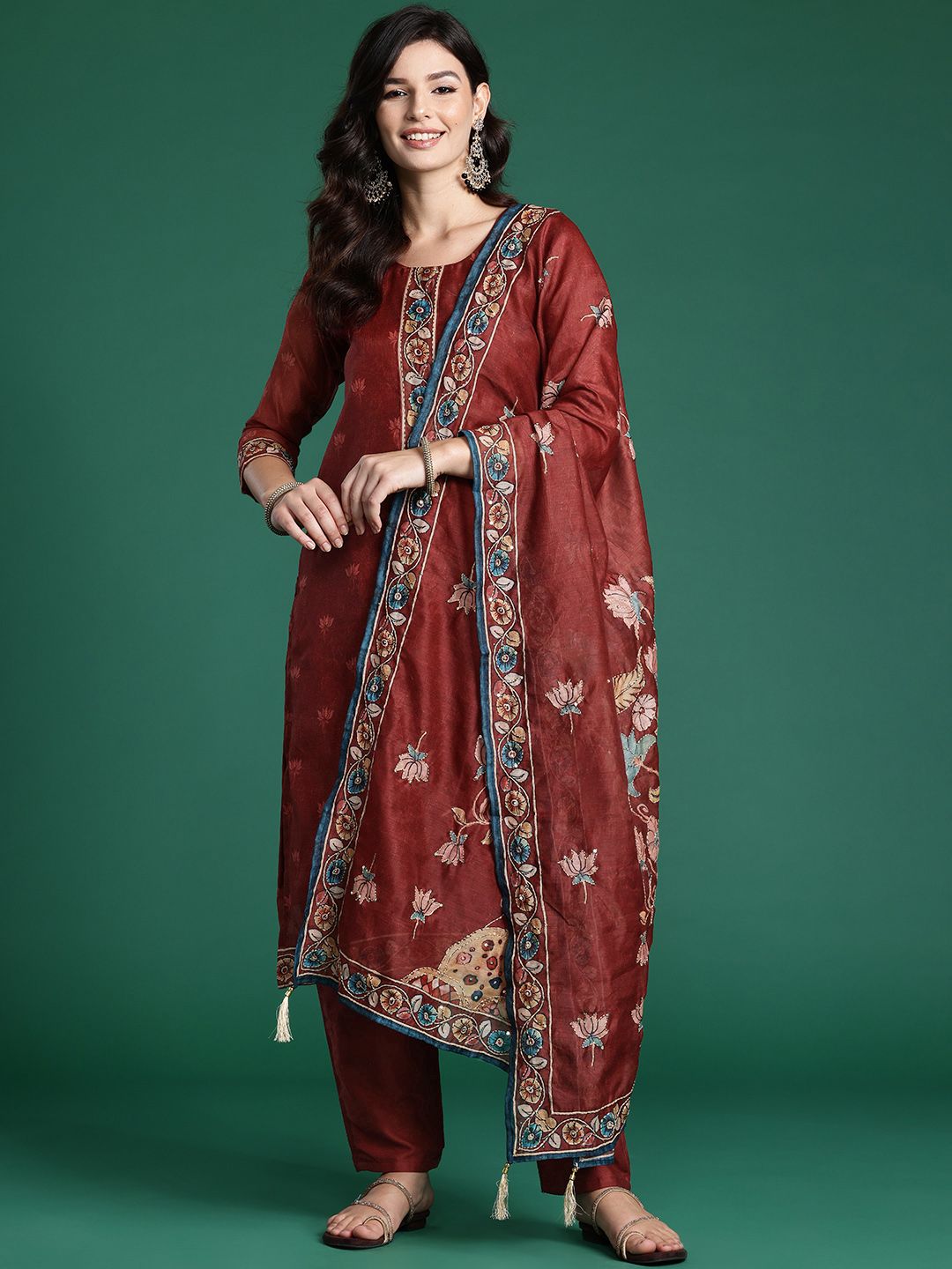 Indyancart IE Ethnic Motifs Embroidered Thread Work Chanderi Silk Kurta With Trousers & Dupatta