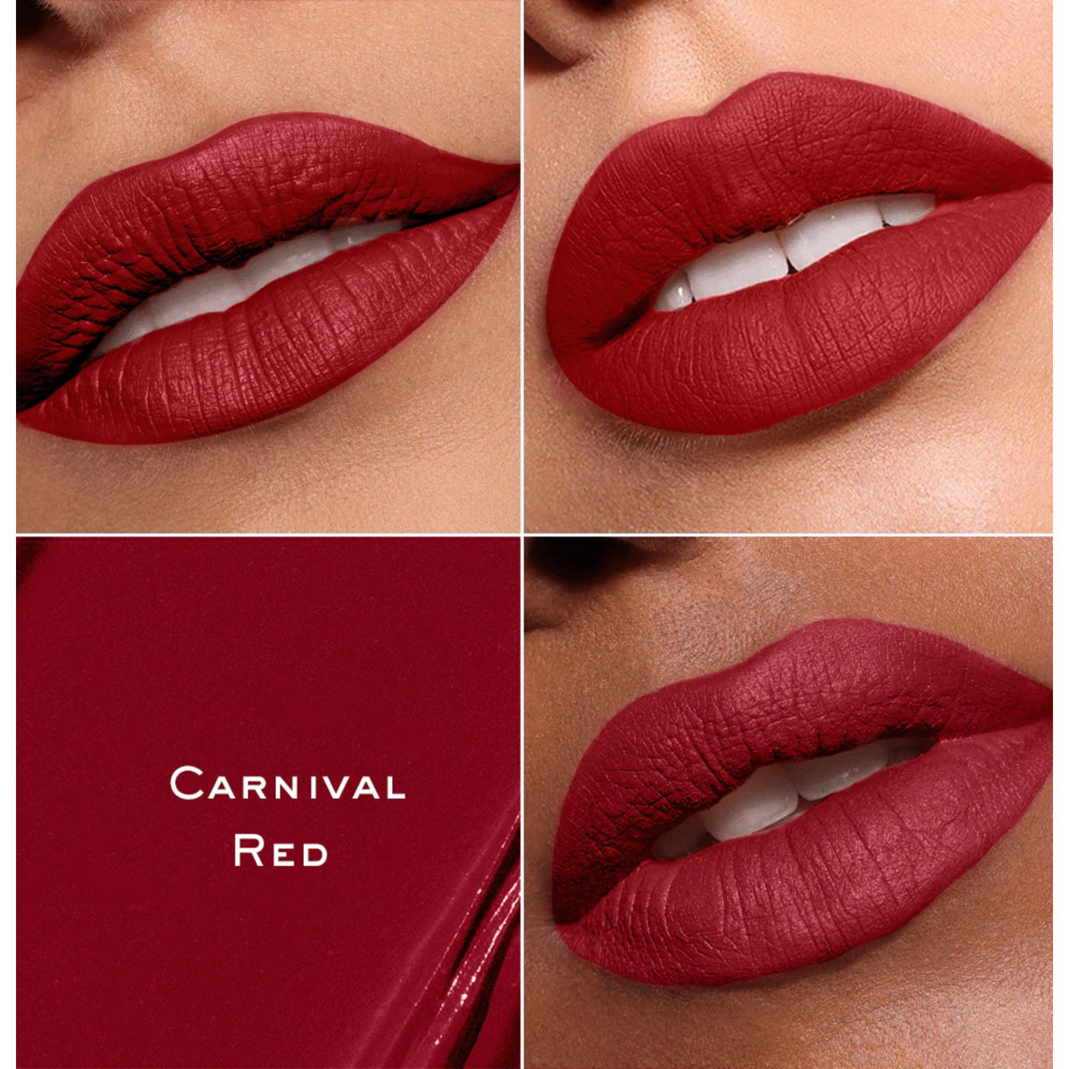 KIRO Velvet Souffle Soft Matte Liquid Lipstick in shade 15 Carnival Red, with swatched application on hand showing vibrant red color.