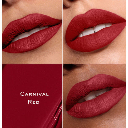 KIRO Velvet Souffle Soft Matte Liquid Lipstick in shade 15 Carnival Red, with swatched application on hand showing vibrant red color.