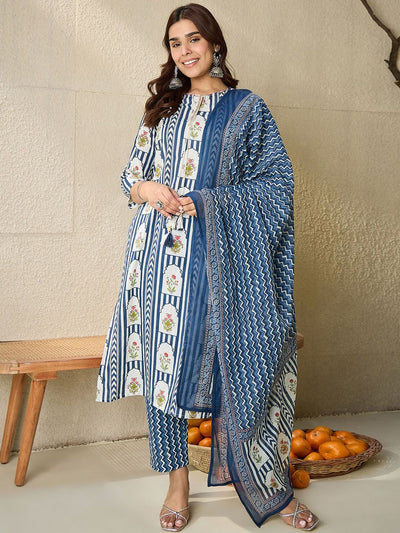 Dhiyona IE Floral Printed Tie-Up Neck Pure Cotton Straight Kurta With Trousers & Dupatta
