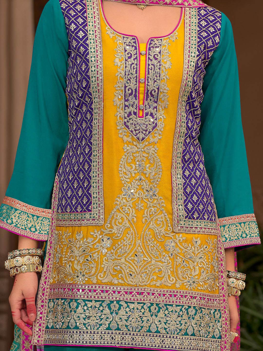 Dhiyona IE Floral Embroidered Notch Neck Mirror Work Kurta With Palazzos & Dupatta