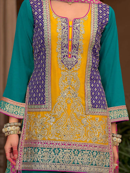 Dhiyona IE Floral Embroidered Notch Neck Mirror Work Kurta With Palazzos & Dupatta