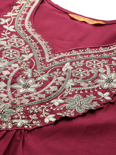 Indyancart IE Floral Embroidered Pleated Thread Work Liva Kurta With Trousers & Dupatta