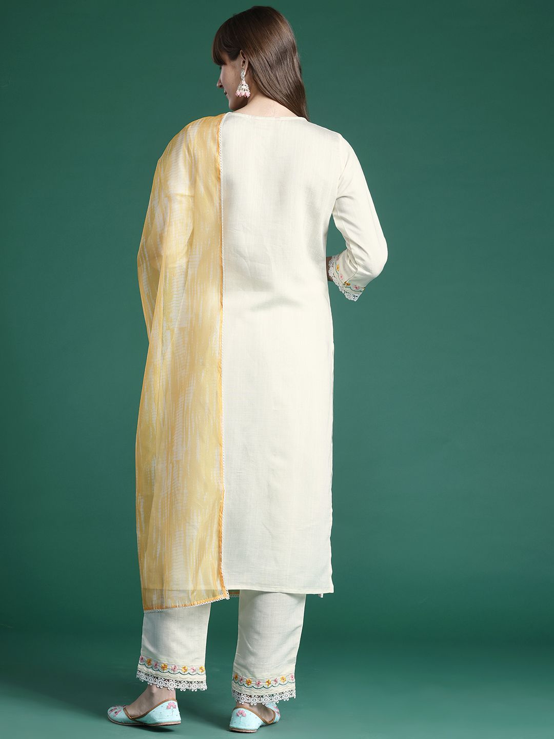 Floral Embroidered Thread Work Kurta with Trousers & With Dupatta