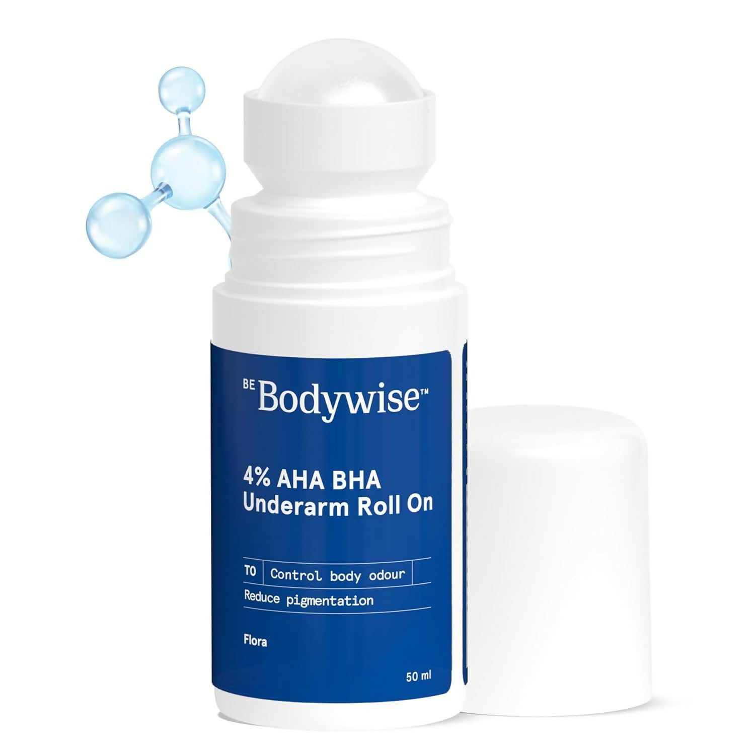 BeBodywise 4% AHA BHA underarm roll-on cream for reducing pigmentation, shown in the image with a floral fragrance design.