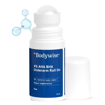 BeBodywise 4% AHA BHA underarm roll-on cream for reducing pigmentation, shown in the image with a floral fragrance design.