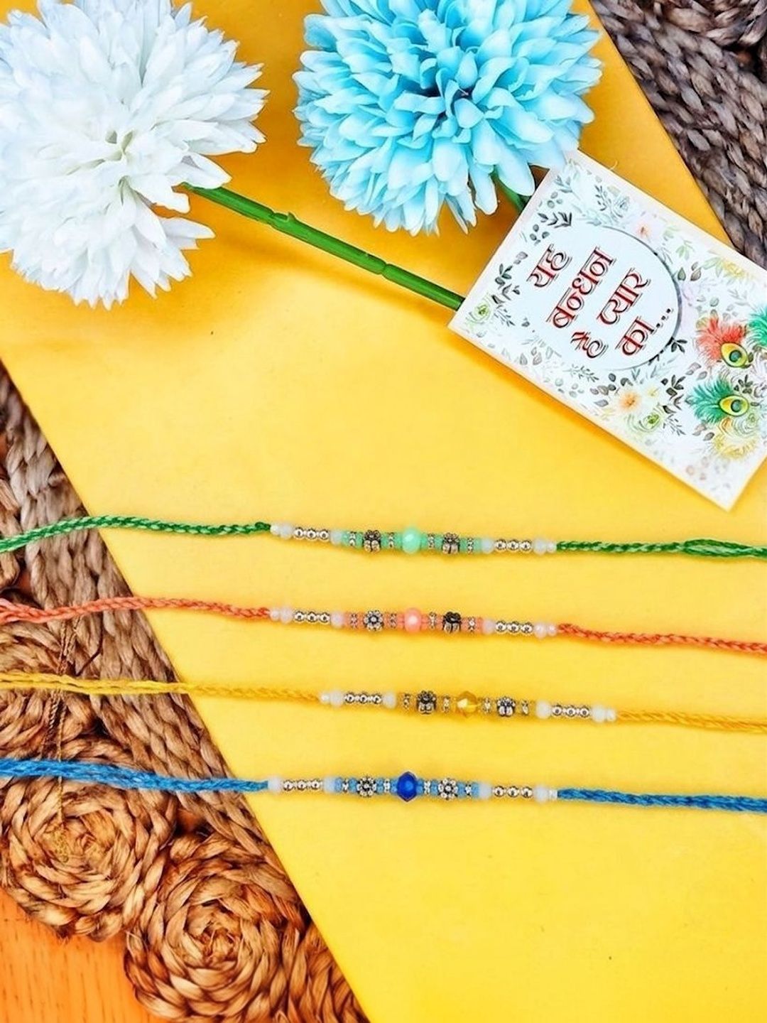 Anouk Set Of 4 Multicolor Artificial Beads Thread Rakhi With Roli Chawal Chandan Mishri