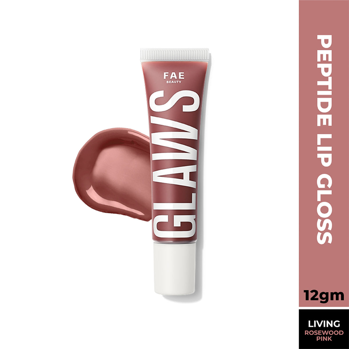 FAE Beauty Peptide Non-Sticky Lip Gloss in Living shade, clear glass tube with glossy lip gloss and applicator wand.
