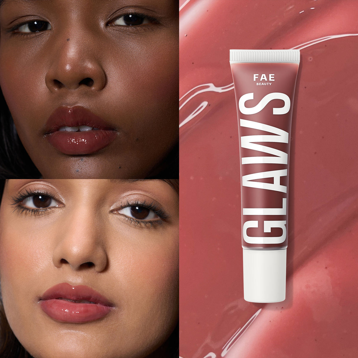 FAE Beauty Peptide Non-Sticky Lip Gloss in Living shade, featuring a smooth, glossy finish on natural lips.