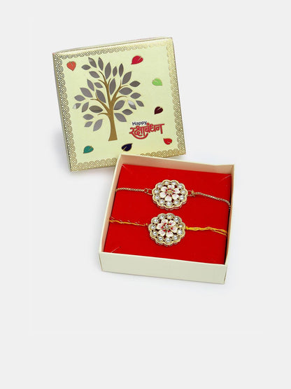 Anouk Unisex Set Of 2 Gold Kundan-Studded Bhaiya Bhabhi Rakhi Set With Roli Chawal