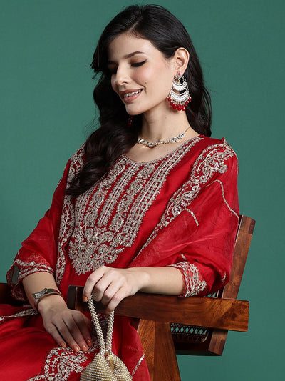 Indyancart IE Ethnic Motifs Embroidered Sequinned Liva Kurta With Trousers & Dupatta