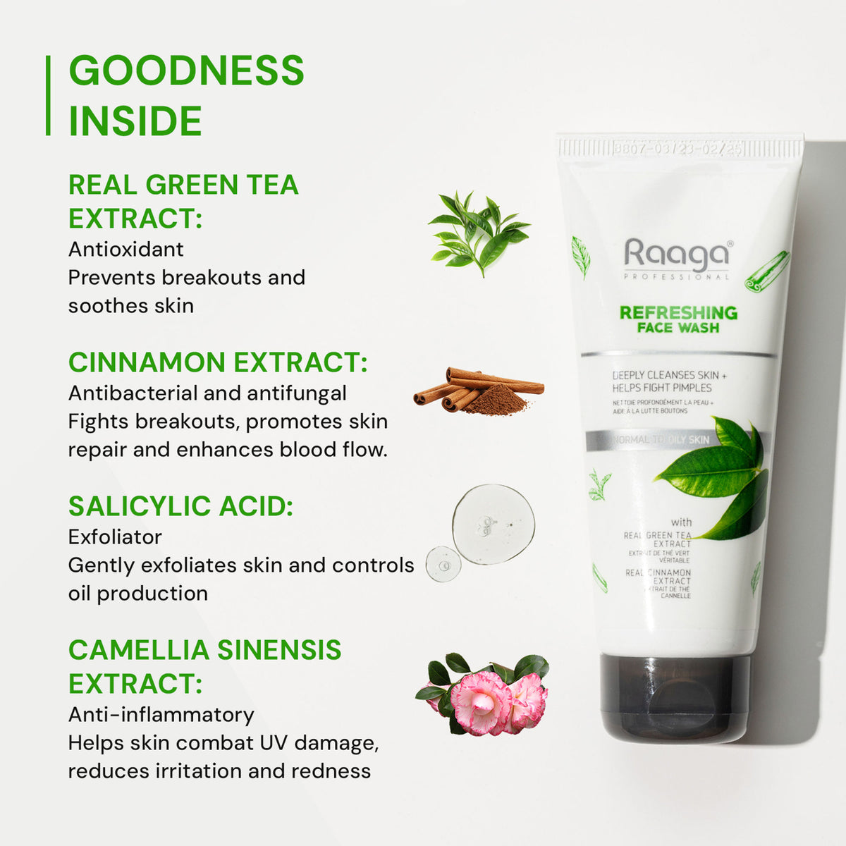 Raaga Professional Refreshing Face Wash, Salicylic Acid & Green Tea Extract For Normal To Oily Skin