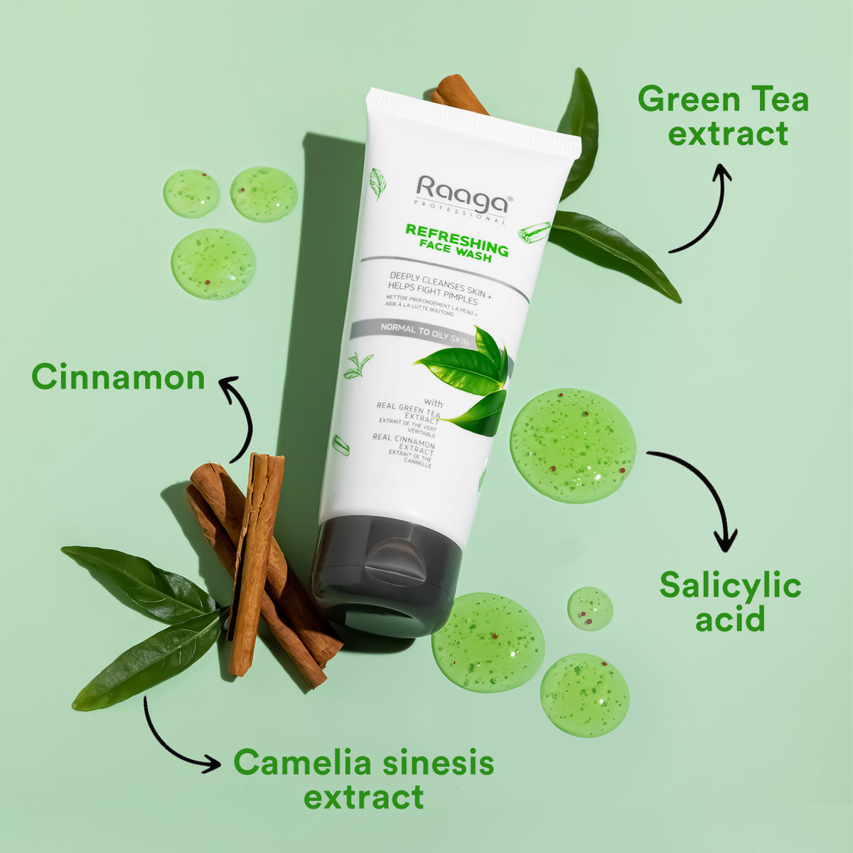 Raaga Professional Refreshing Face Wash, Salicylic Acid & Green Tea Extract For Normal To Oily Skin