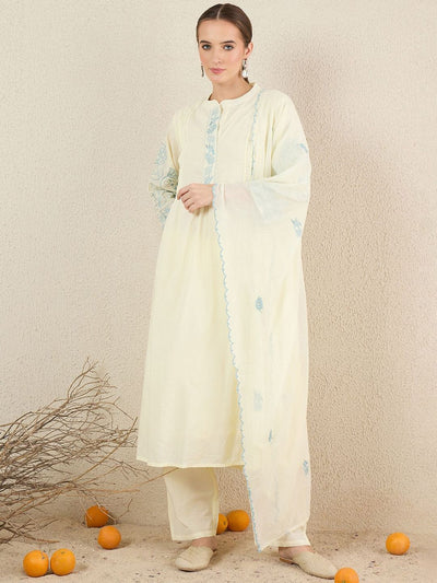 Indyancart IE Women Solid Embroidered Cotton Kurta with Trousers & Dupatta
