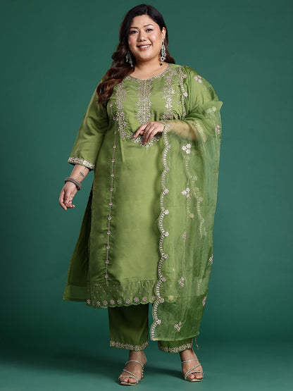 Indyancart Women's Plus Size Floral Embroidered Gotta Patti Kurta with Trousers & With Dupatta
