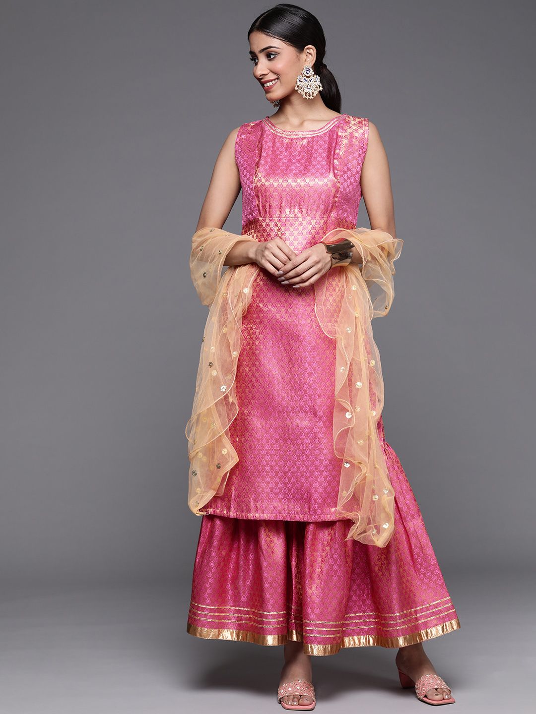Indyancart VA Women's Peach-Coloured & Beige Floral Sequinned Kurta with Sharara & With Dupatta