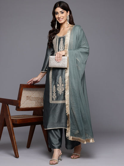 Indyancart VA Ethnic Motifs Embroidered Zari Kurta With Palazzos & Dupatta