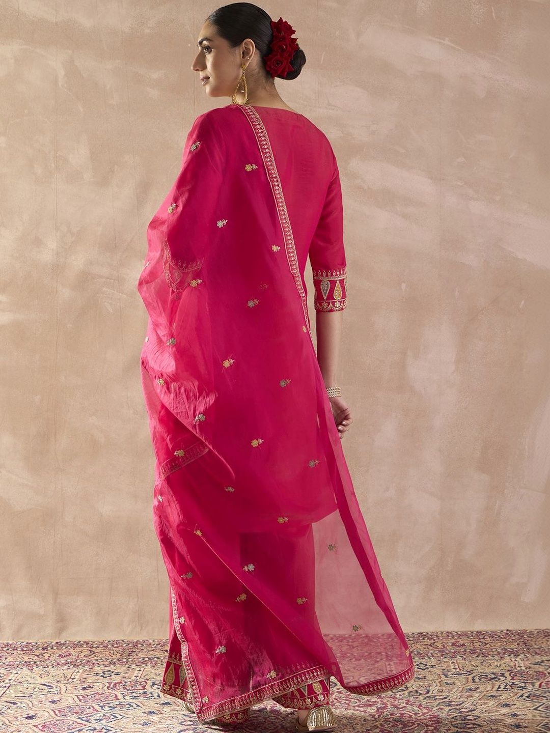 Indyancart IE Women Ethnic Motifs Embroidered Regular Sequinned Kurta with Palazzos & With Dupatta