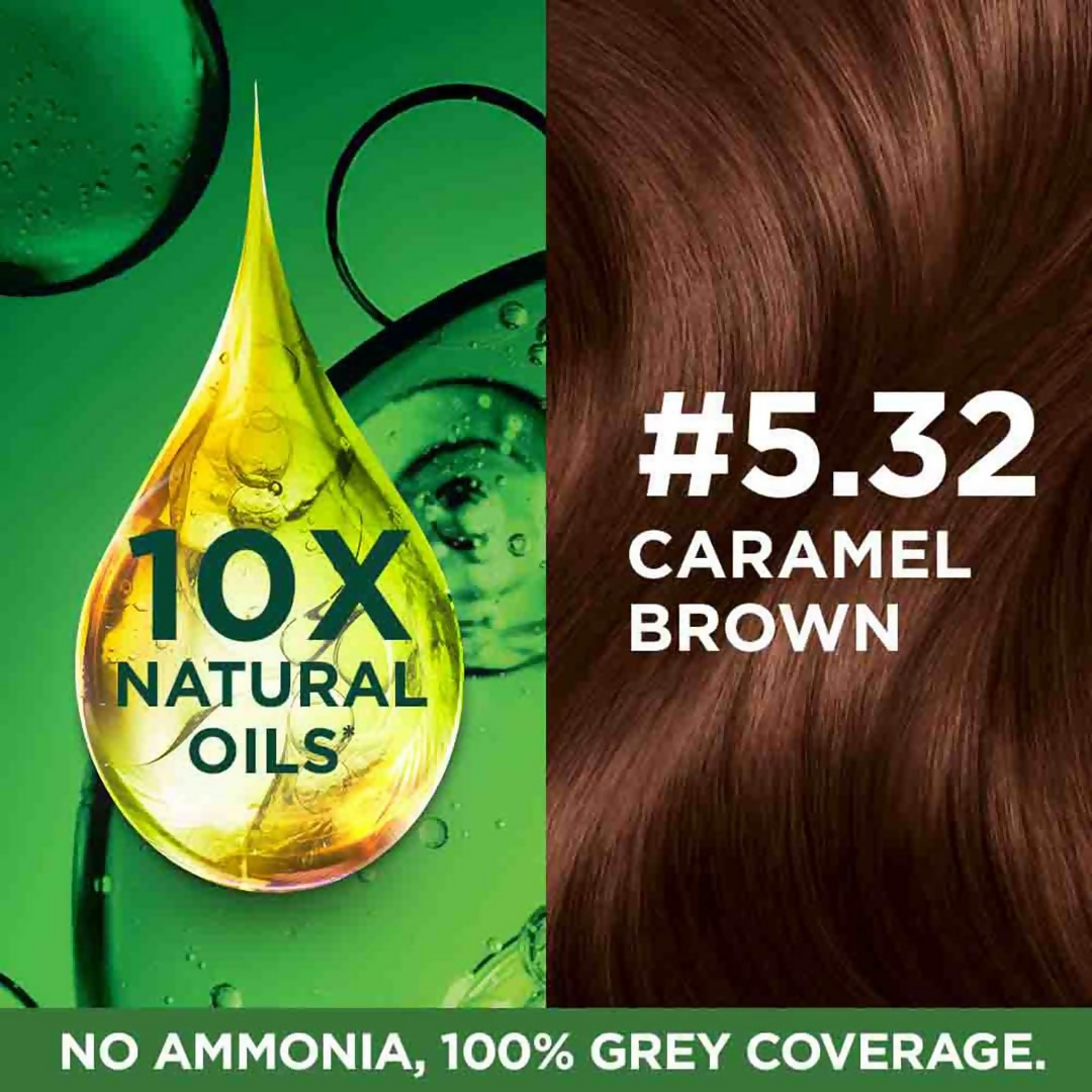 Garnier Color Naturals Creme Riche hair color in shade 5.32 Caramel Brown, showing a tube of hair dye with caramel brown color.