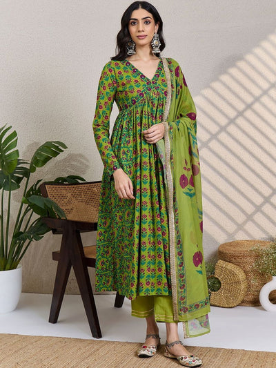 Indyancart IE Women Floral Printed Empire Pure Cotton Kurta with Trousers & With Dupatta