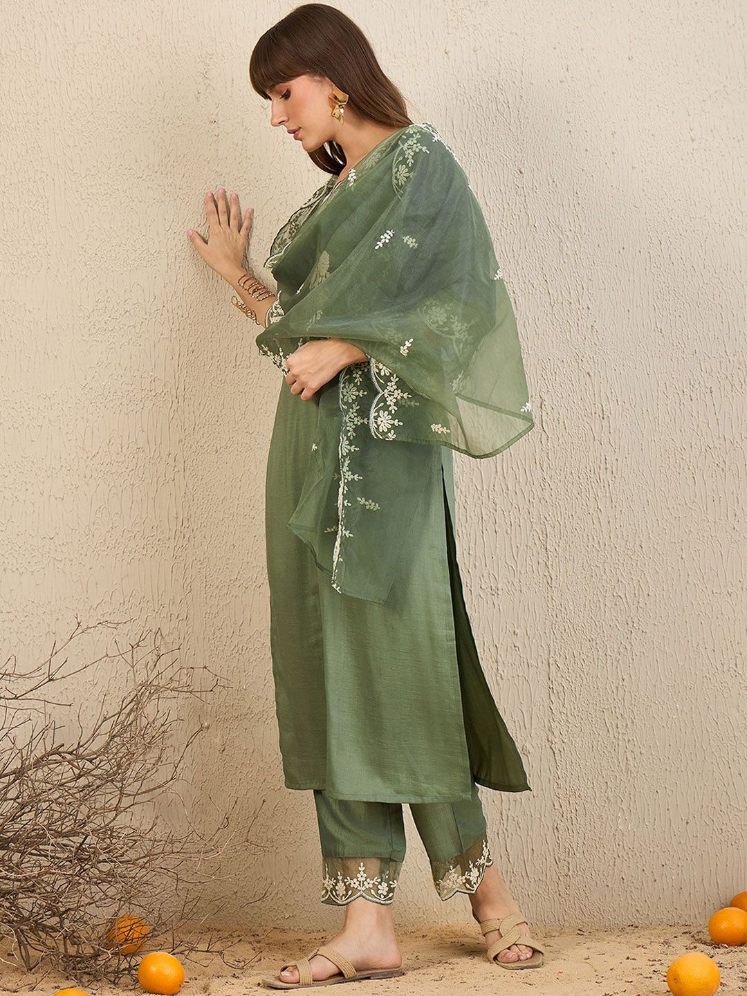 Indyancart IE Floral Embroidered Straight Kurta With Trousers & Dupatta