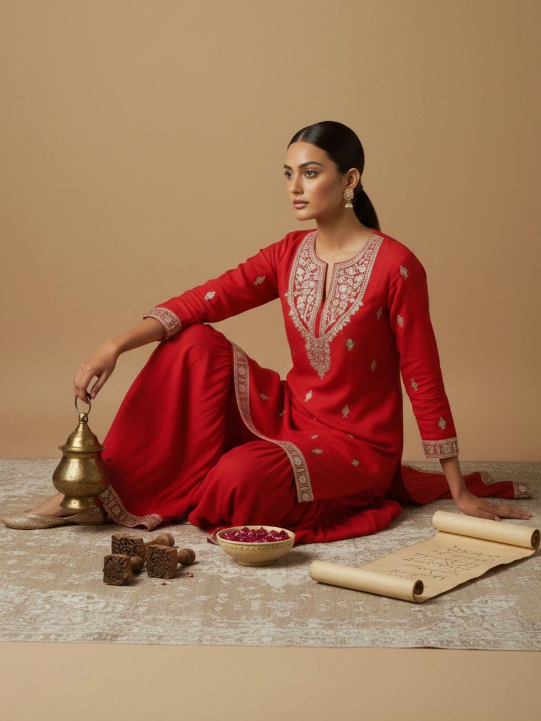 Indyancart VA Women Ethnic Motifs Embroidered Regular Kurta with Sharara & With Dupatta