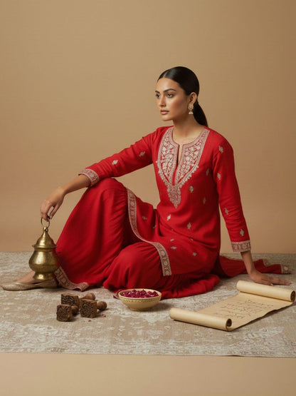 Indyancart VA Women Ethnic Motifs Embroidered Regular Kurta with Sharara & With Dupatta