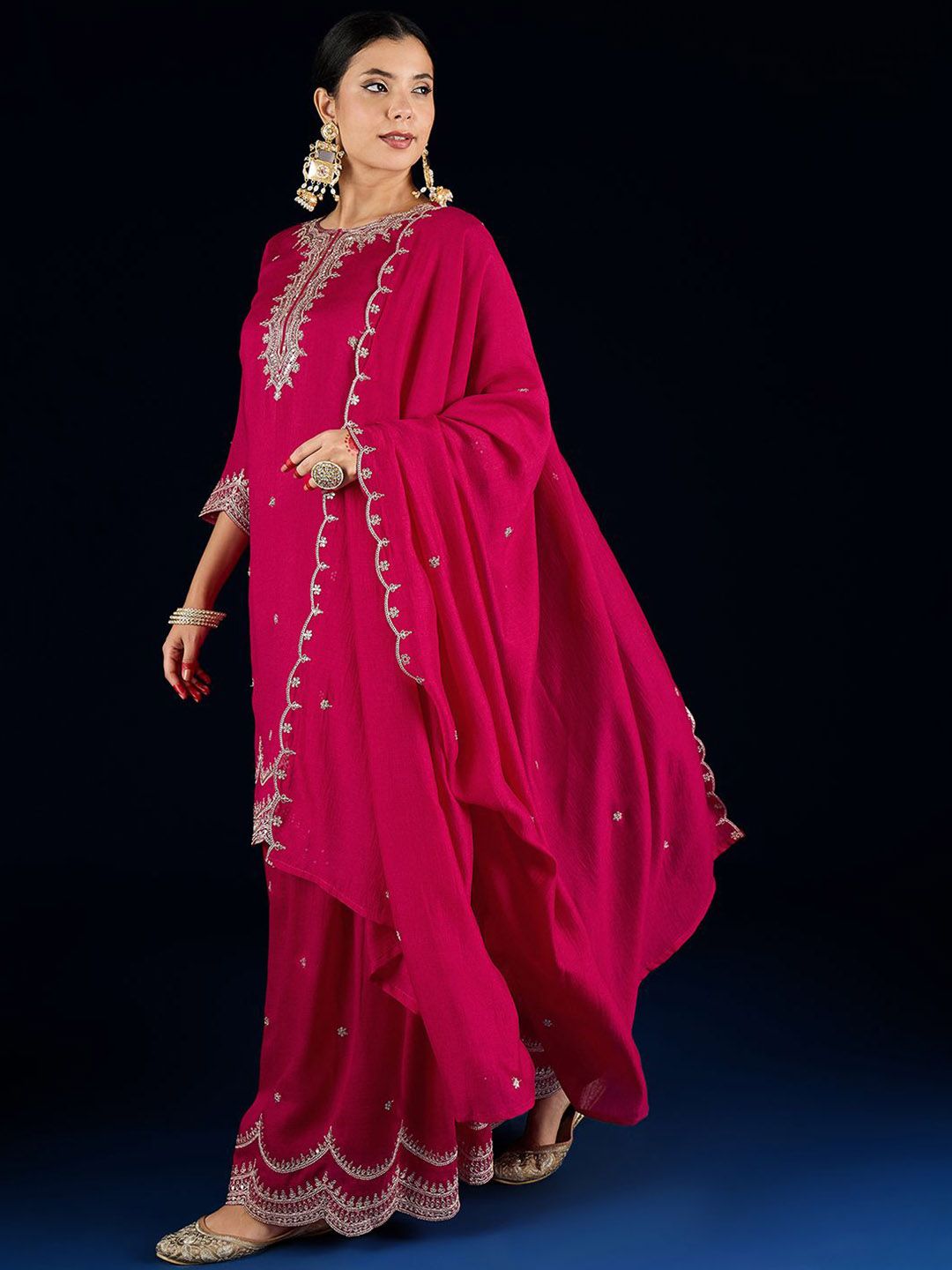 Indyancart VA Women Ethnic Motifs Embroidered Kurta with Sharara & Dupatta