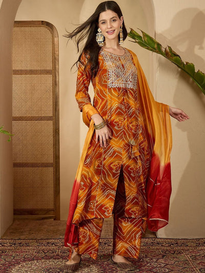 Indyancart SN Women's Bandhani Printed Sequinned A-Line Kurta With Trousers & Dupatta